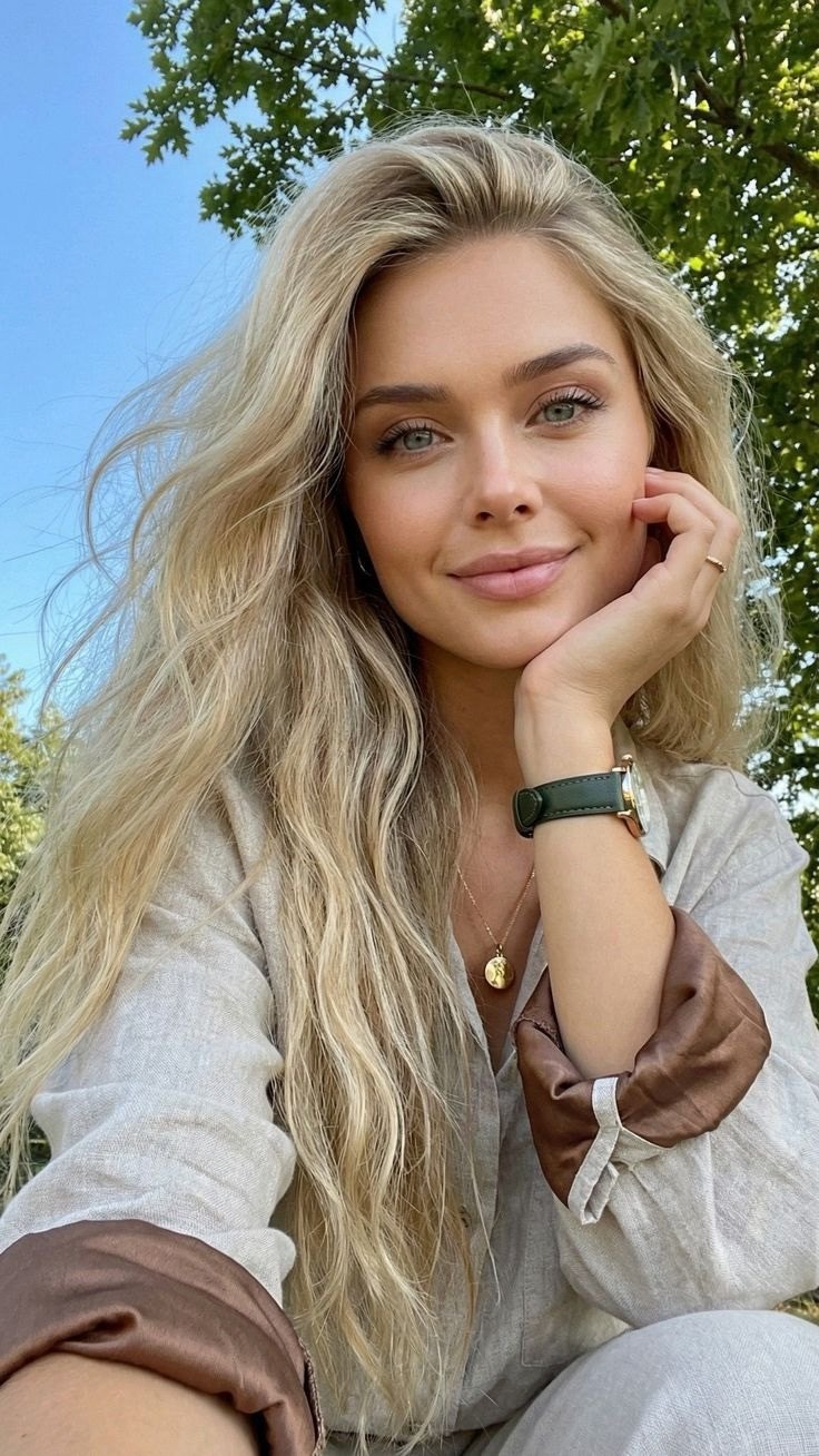 Woman with long blond hair resting her chin on her hand, trees behind her