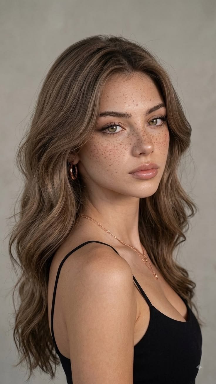 Portrait of a woman with long brown hair and freckles in a black top